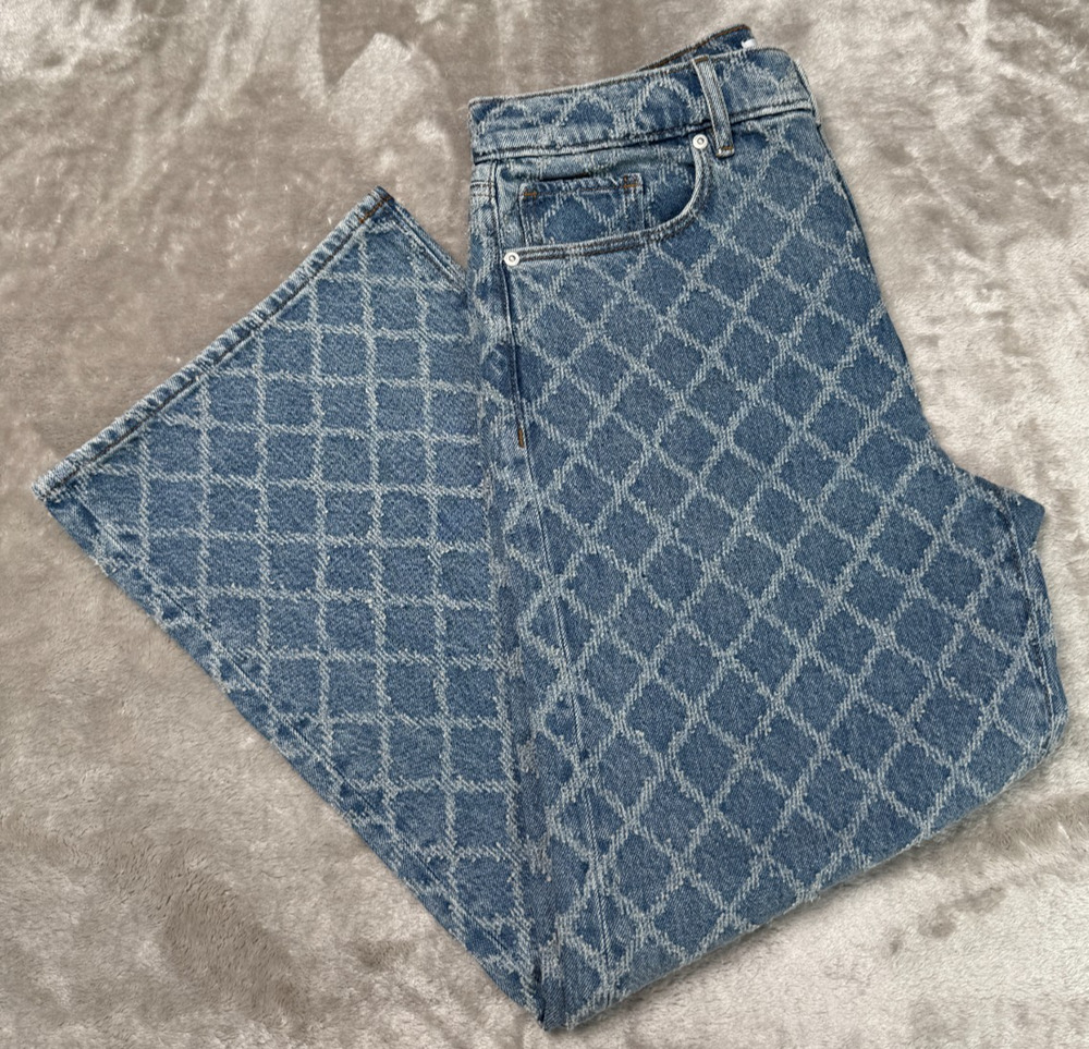 Loft Blue Wide Leg Cropped Diamond Pattern Denim Jeans Womens Size 6 NWOT